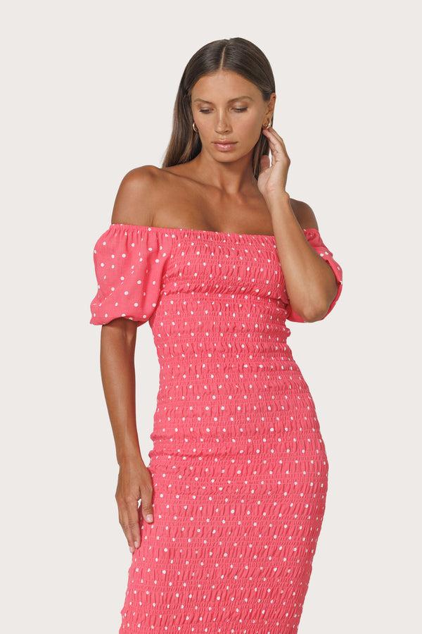 Lusana Tina Shirred Linen Maxi Dress In French Spot