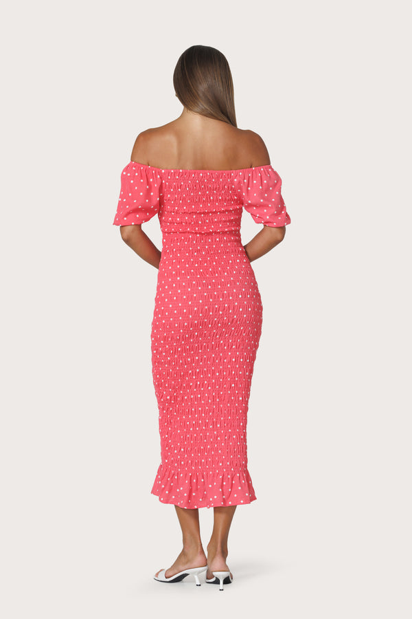 Lusana Tina Shirred Linen Maxi Dress In French Spot