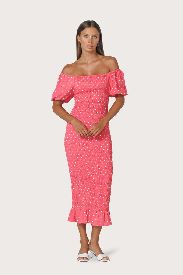 lusana Tina Shirred Linen Maxi Dress in French Spot