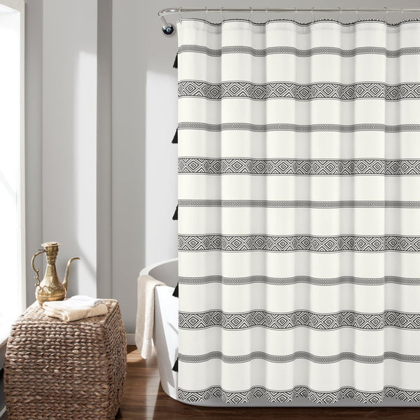 Lush Décor Ava Boho Stripe Tassel Yarn Dyed Recycled Cotton Shower Curtain