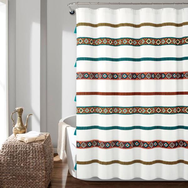 lush décor Ava Boho Stripe Tassel Yarn Dyed Recycled Cotton Shower Curtain
