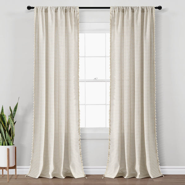 Lush Décor Boho Coastal Horizontal Ticking Stripe Tassel Window Curtain Panel Set