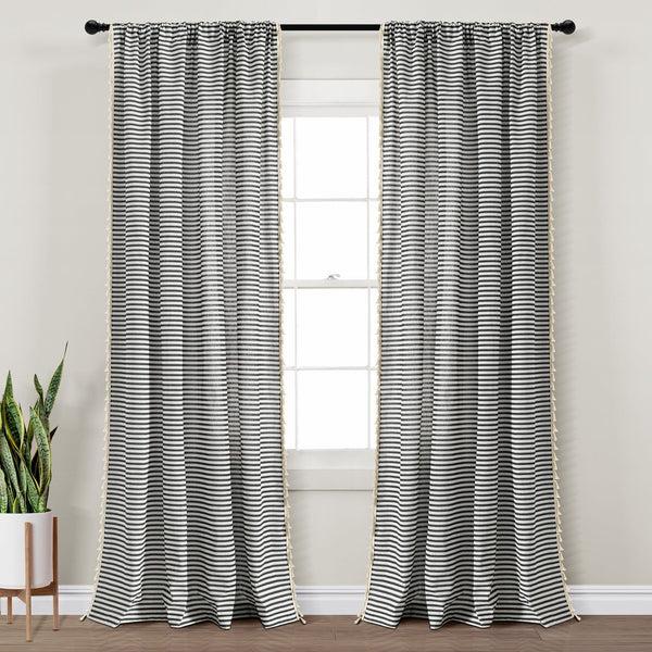 Lush Décor Boho Coastal Horizontal Ticking Stripe Tassel Window Curtain Panel Set