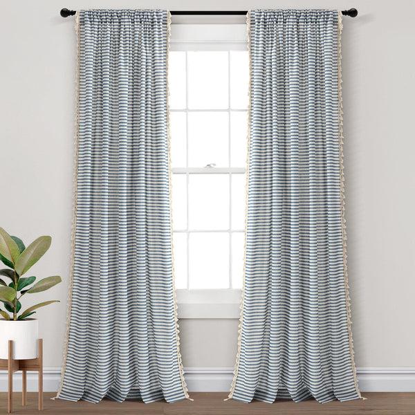lush décor Boho Coastal Horizontal Ticking Stripe Tassel Window Curtain Panel Set