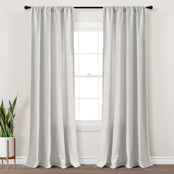 Lush Décor Boho Coastal Horizontal Ticking Stripe Tassel Window Curtain Panel Set