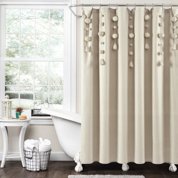 Lush Décor Boho Pom Pom Tassel Faux Linen Shower Curtain