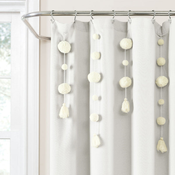 Lush Décor Boho Pom Pom Tassel Faux Linen Shower Curtain
