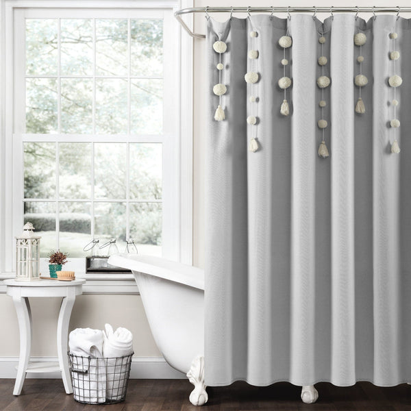 Lush Décor Boho Pom Pom Tassel Faux Linen Shower Curtain