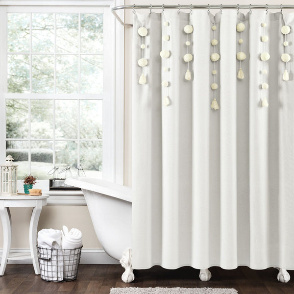 lush décor Boho Pom Pom Tassel Faux Linen Shower Curtain