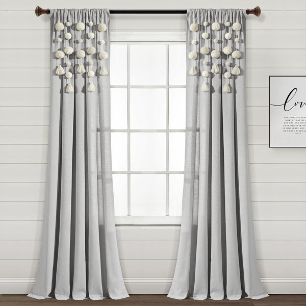 lush décor Boho Pom Pom Tassel Faux Linen Window Curtain Panel