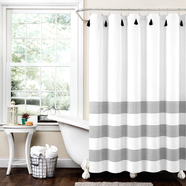 lush décor Boho Tassel Stripe Yarn Dyed Recycled Cotton Blend Shower Curtain