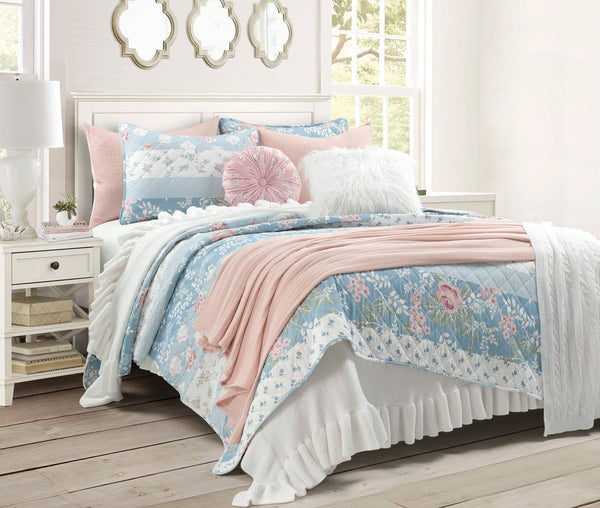 Lush Décor Cottagecore Flower Stripe Cotton Quilt 3 Piece Set