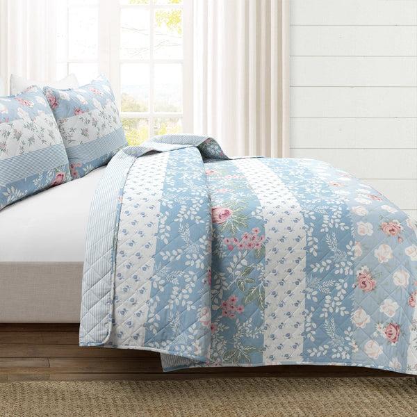 Lush Décor Cottagecore Flower Stripe Cotton Quilt 3 Piece Set