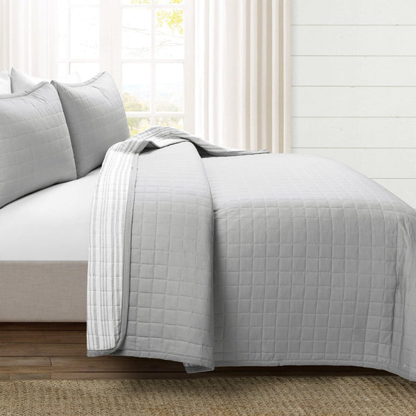Lush Décor Farmhouse Box Stitch And Stripe Cotton Quilt 3 Piece Set