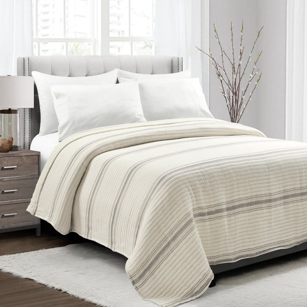 Lush Décor Farmhouse Stripe Kantha Pick Stitch Yarn Dyed Cotton Woven Blanket/Quilt/Coverlet