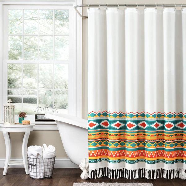 lush décor Boho Viviane Geo Fringe Shower Curtain