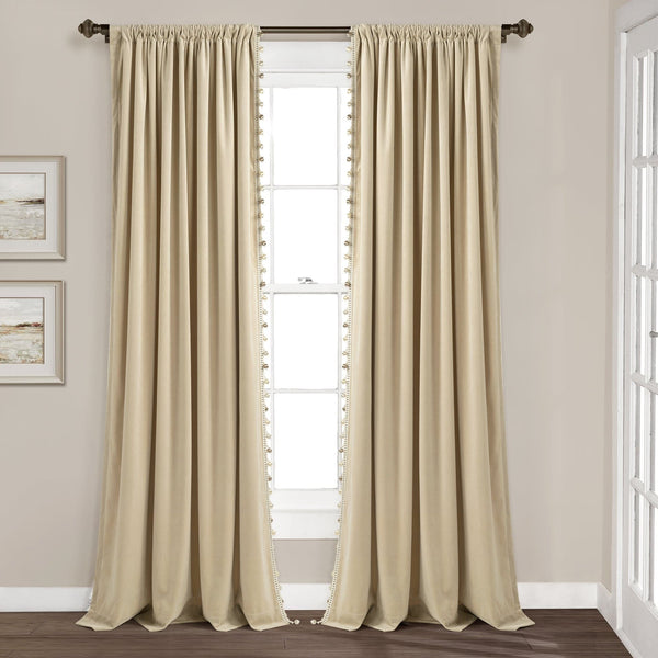 lush décor Luxury Vintage Velvet With Silky Pompom Trim Window Curtain Panel