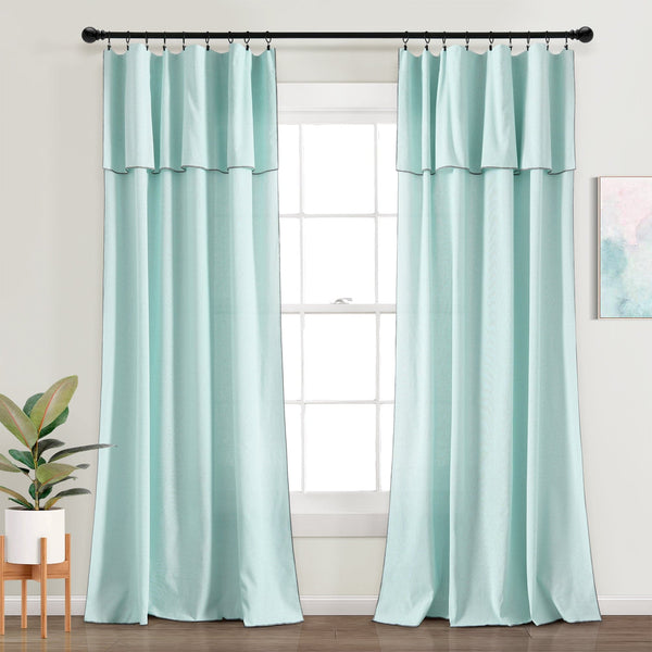 Lush Décor Modern Faux Linen Embroidered Edge With Attached Valance Window Curtain Panel Set
