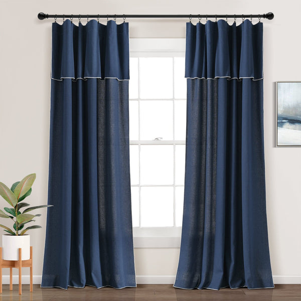 Lush Décor Modern Faux Linen Embroidered Edge With Attached Valance Window Curtain Panel Set