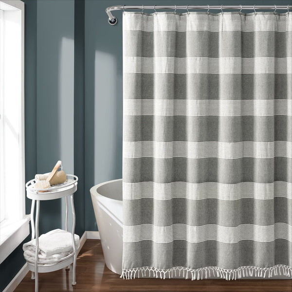 lush décor Tucker Stripe Yarn Dyed Knotted Tassel Shower Curtain
