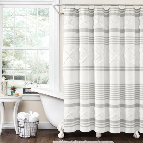 Lush Décor Urban Diamond Stripe Woven Tufted Recycled Cotton Blend Shower Curtain