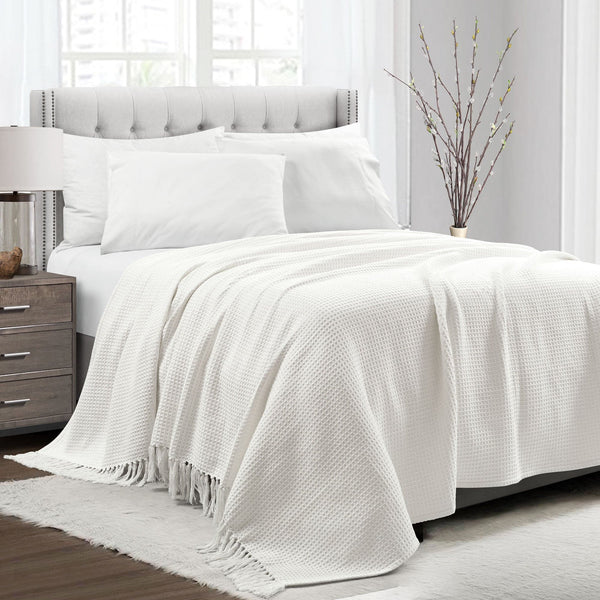 Lush Décor Waffle Cotton Knit Tassel Fringe Blanket/Coverlet