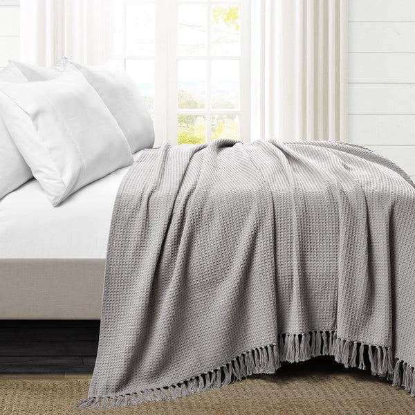 Lush Décor Waffle Cotton Knit Tassel Fringe Blanket/Coverlet