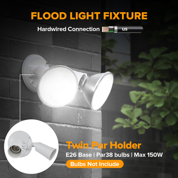 Lutec LUTEC 2 Pack Adjustable Twin Par Holder Outdoor Flood Lights Switch Controlled Security Lights Floodlights Fixture Waterproof Exterior Max 300 Watt Par38 Flood Light For Garage Yard Porch-White
