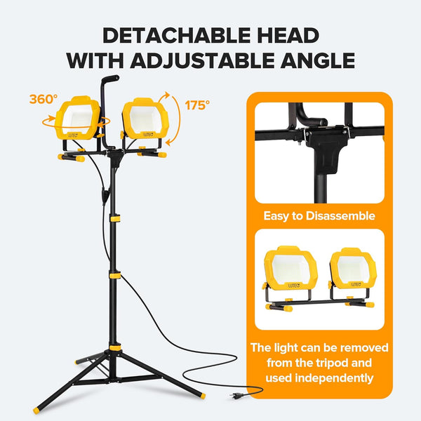 Lutec LUTEC 25000 Lumen LED Work Lights With Stand Dual Head Dimmable Work Light With 6 Brightness Levels IP65 Waterproof Rotating WorkLights With Telescoping Tripod And 8.2 Ft 3-Prong Power Cord
