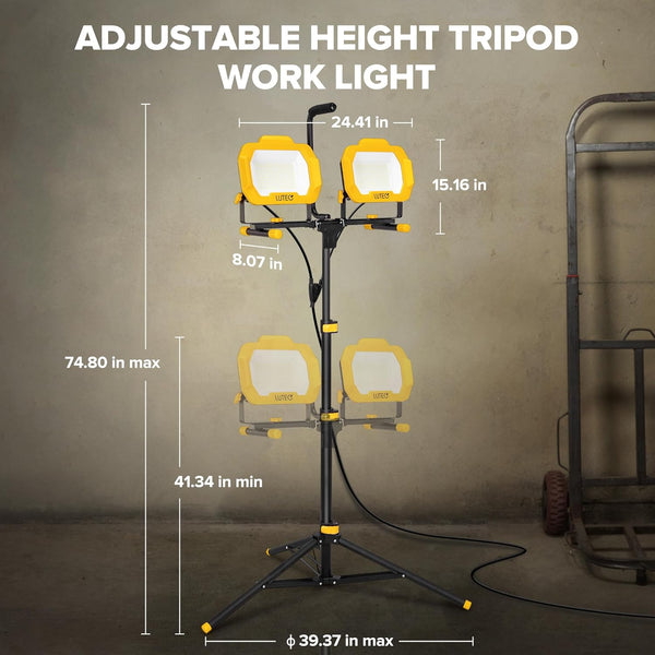 Lutec LUTEC 25000 Lumen LED Work Lights With Stand Dual Head Dimmable Work Light With 6 Brightness Levels IP65 Waterproof Rotating WorkLights With Telescoping Tripod And 8.2 Ft 3-Prong Power Cord