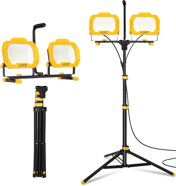lutec LUTEC 25000 Lumen LED Work Lights with Stand Dual Head Dimmable Work Light with 6 Brightness Levels IP65 Waterproof Rotating WorkLights with Telescoping Tripod and 8.2 Ft 3-Prong Power Cord