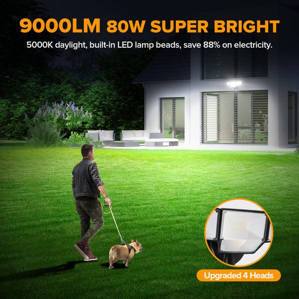 Lutec LUTEC 80W 9000LM Flood Lights Outdoor Switch Controlled LED Security Lights With 4 Heads IP65 Waterproof 5000K Daylight For Garage Yard Patio (Black)