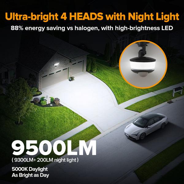 Lutec LUTEC 84W 9500LM LED Security Lights Motion Sensor Outdoor Lights With Night Light 4 Head LED Flood Lights Outdoor 5000K Daylight IP65 Waterproof Motion Detected Lights For Outside (Black)