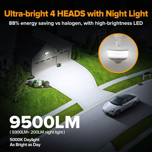 Lutec LUTEC 84W 9500LM LED Security Lights Motion Sensor Outdoor Lights With Night Light 4 Head LED Flood Lights Outdoor 5000K Daylight IP65 Waterproof Motion Detected Lights For Outside (White)