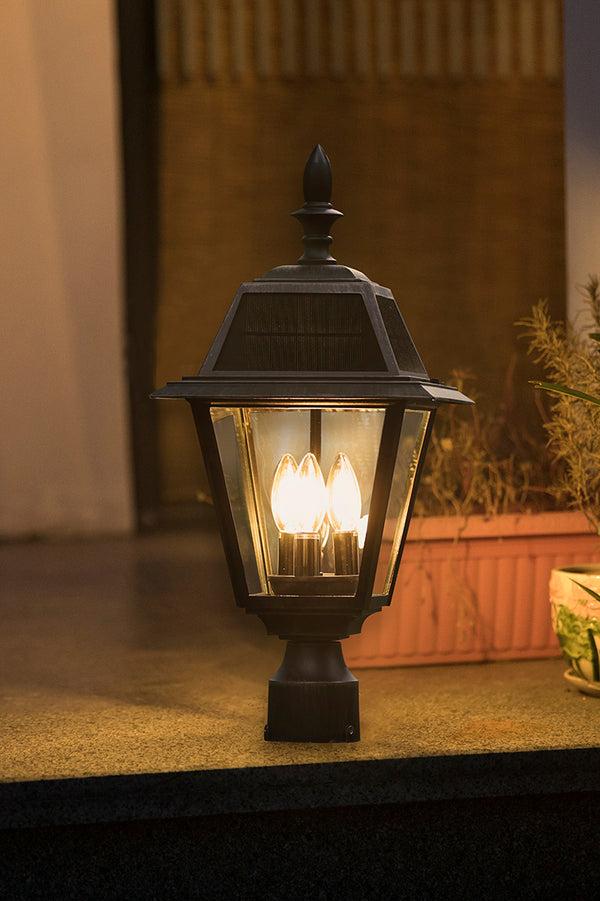 Lutec LUTEC - Outdoor Solar Post Light With 4 Pcs Glass. Dusk To Dawn 300LM 3 X E12 Bulb Brown