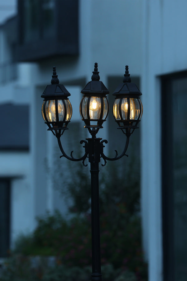 Lutec LUTEC - Outdoor Solar Post Light With Triple-Head Dusk To Dawn Aluminium Vintage Street Lights For Lawn Pathway Garden Black Light Pole With Clear Glass Panels(Bulbs Included)