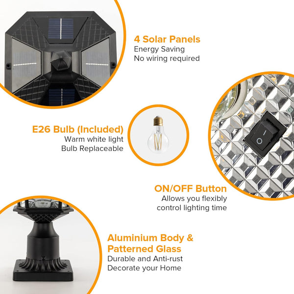 Lutec LUTEC-Single Head Outdoor Solar Post Light With Pier Mount Base Dusk To Dawn 200LM 2700K 3.7V Up To 8hour Runtime Black(Head+Base)
