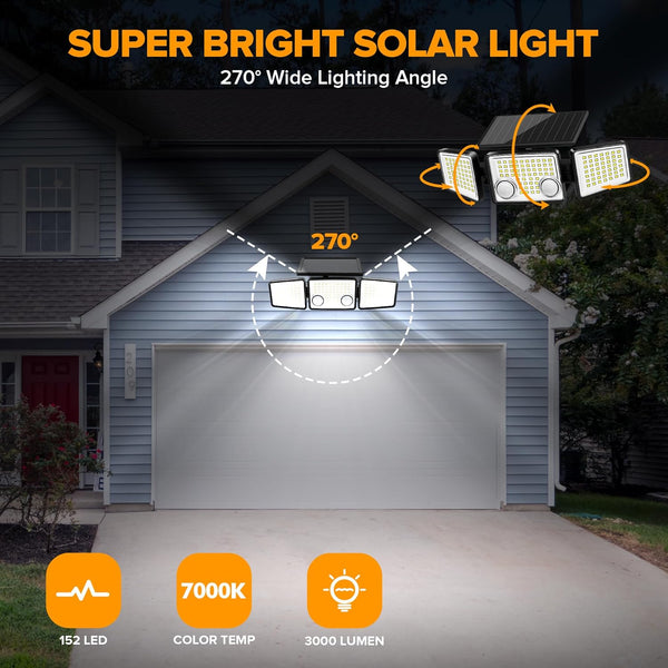 Lutec UME-Solar Outdoor Lights 3000 Lumen 7000K 152 LED Super Bright Motion Sensor Outdoor Lights With 2 Sensors IP65 Waterproof 270 Wide Angle Solar Flood Lights With 3 Modes For Garden