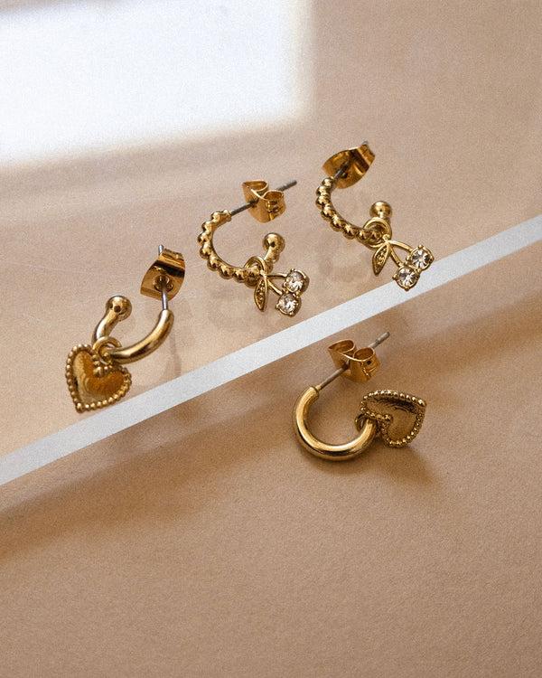 Luv Aj Cherry + Heart Studded Huggies- Silver