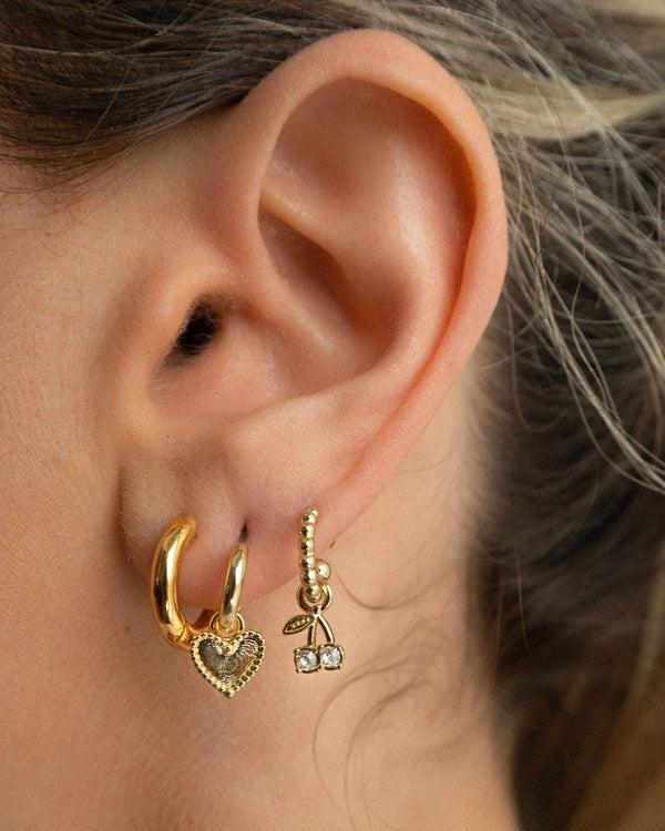 Luv Aj Cherry + Heart Studded Huggies- Silver