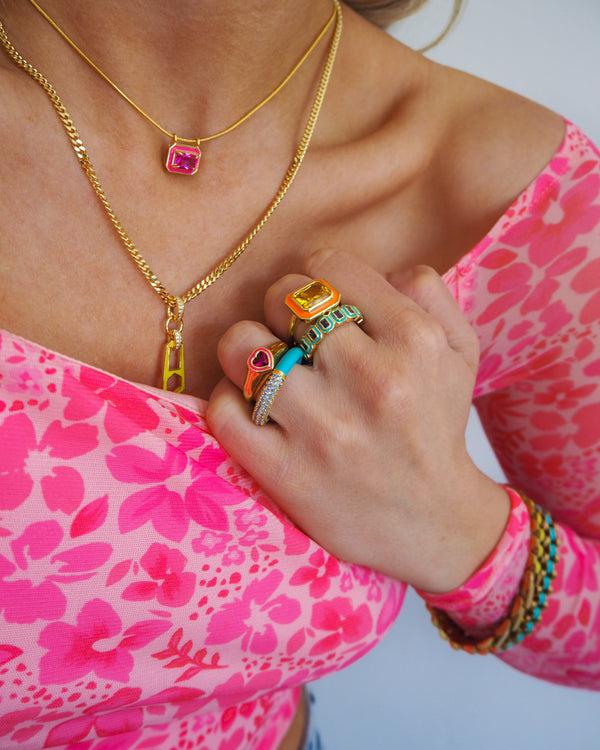 Luv Aj Heart Signet Ring- Hot Pink- Gold