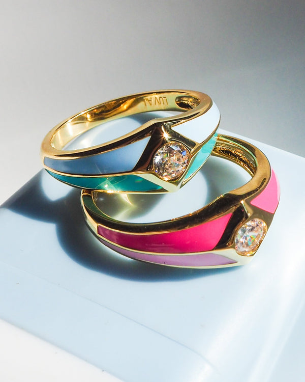 Luv Aj Pyramid Stud Signet Ring- Blue- Gold