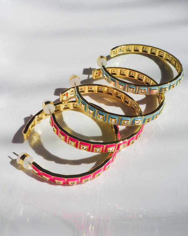 Luv Aj XL Pyramid Stud Hoops- Hot Pink- Gold