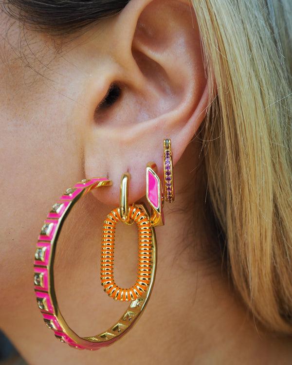 Luv Aj XL Pyramid Stud Hoops- Hot Pink- Gold