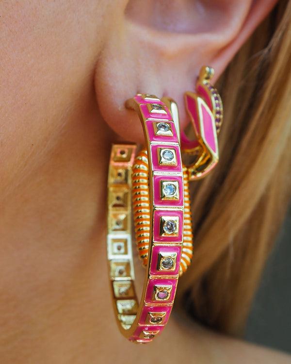 Luv Aj XL Pyramid Stud Hoops- Hot Pink- Gold