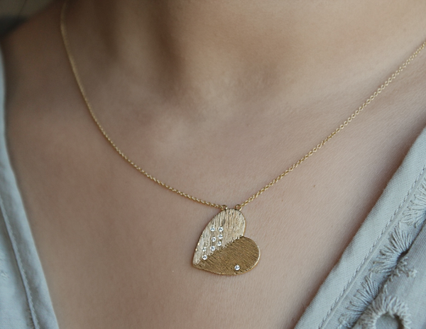 LuvMyJewelry Aether Scattered Diamond Studded Heart Disc Pendant In 14K Yellow Gold