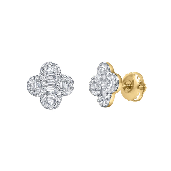 LuvMyJewelry Alina Baguette & Round-Cut Diamond Clover Stud Earrings In 14K Yellow Gold
