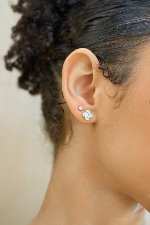 LuvMyJewelry Alina Baguette & Round-Cut Diamond Clover Stud Earrings In 14K Yellow Gold