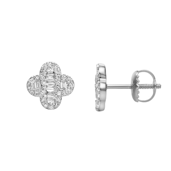 LuvMyJewelry Alina Baguette & Round-Cut Diamond Clover Stud Earrings In 14K White Gold