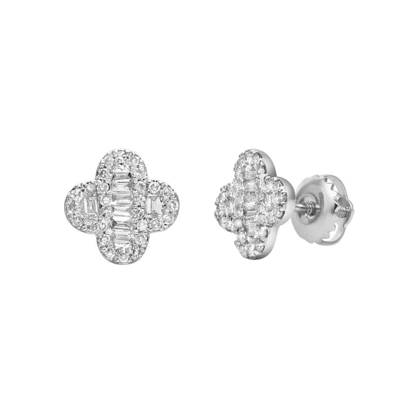 LuvMyJewelry Alina Baguette & Round-Cut Diamond Clover Stud Earrings in 14K White Gold